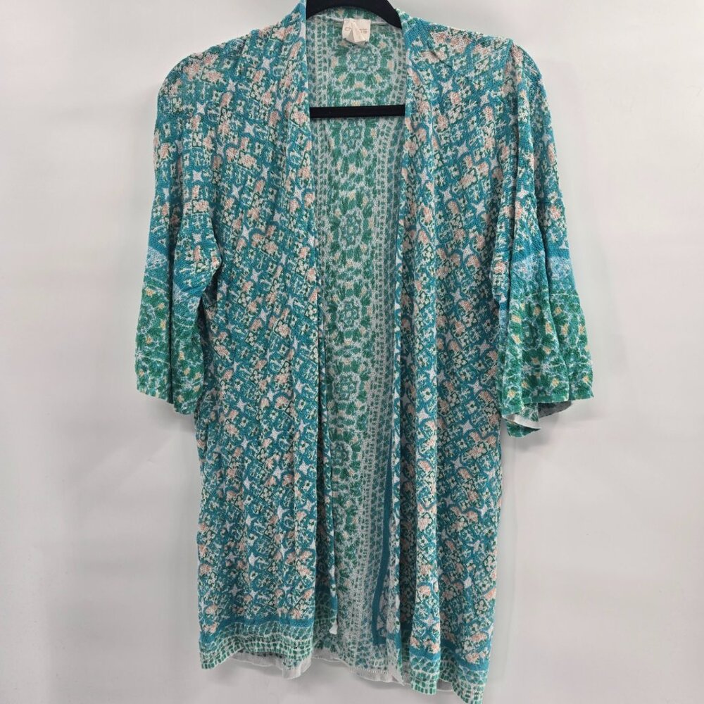 Chico's Blue Green Tile Pattern Boho Open Cardigan 3/4 Sleeves Shrug Size Medium